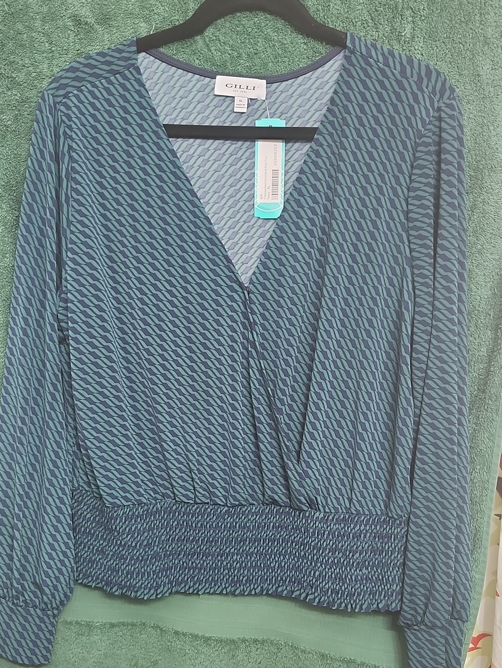 Gilli Teal and Navy Geometric Wrap Blouse